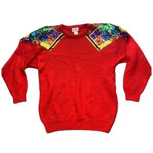 VTG Knit Concept Sweater Womens Large Red Sequined Colorful Outerwear Pullover‎
